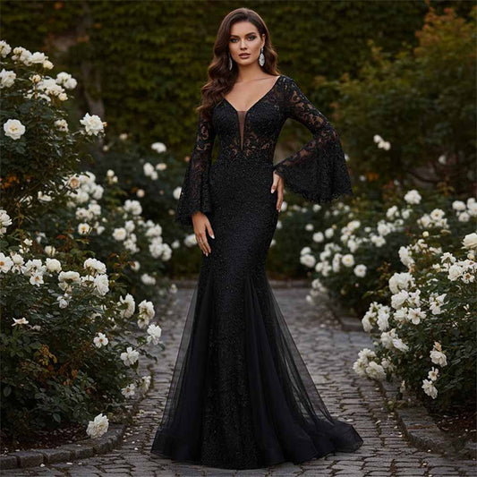 Vintage Lace Embroidery Fishtail Slim Evening Dress