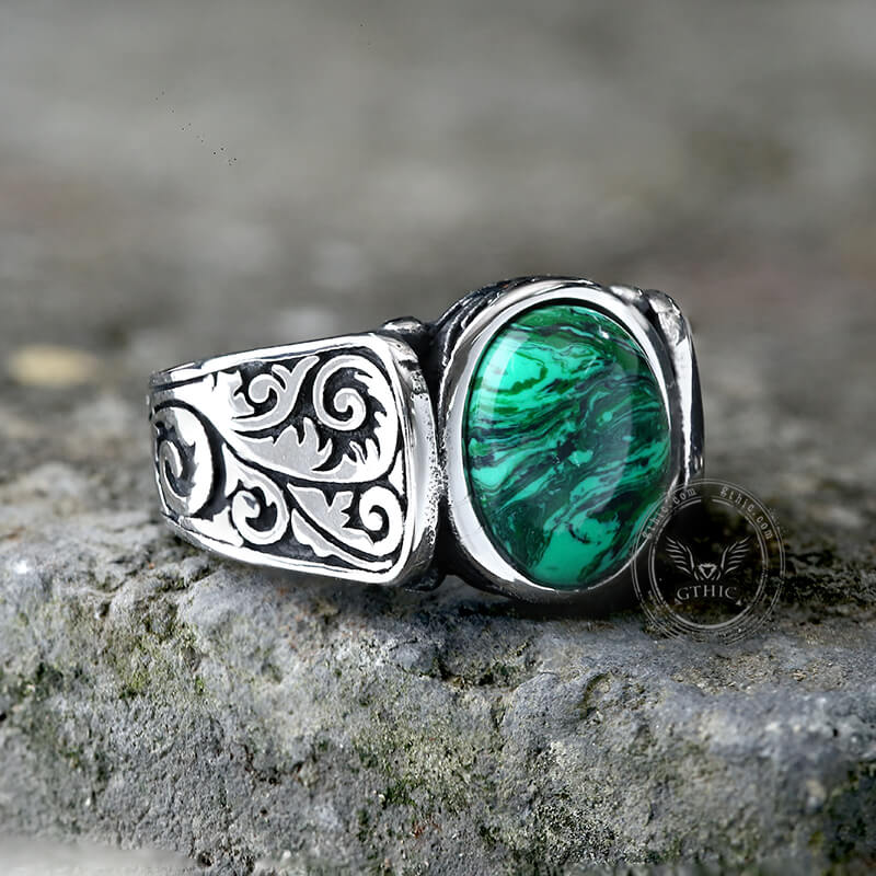 Vintage Malachite Inlaid Stainless Steel Gemstone Ring