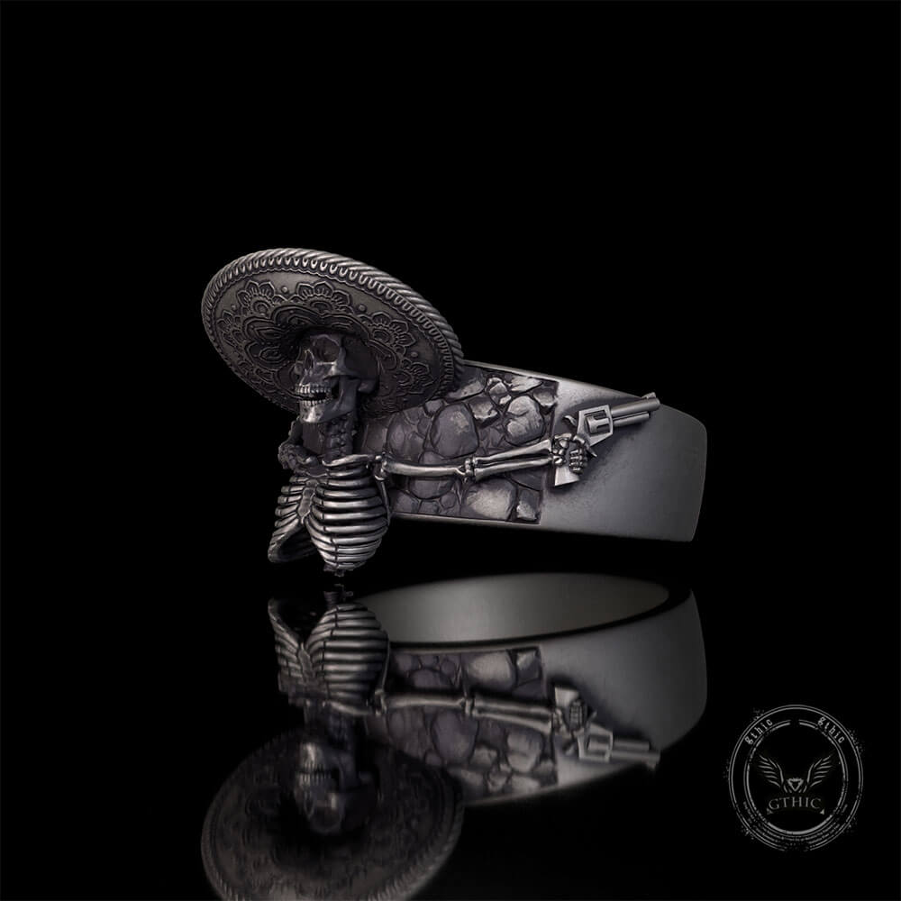 Vintage Mexican Skull Sterling Silver Biker Pistol Ring