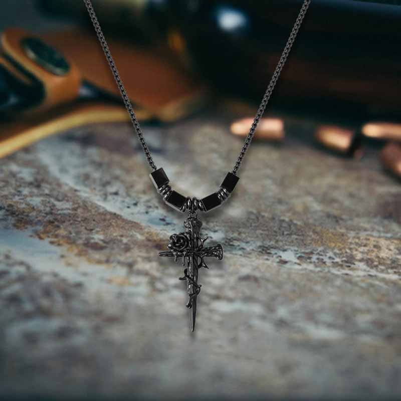 Vintage Nail Cross Thorn Rose Alloy Necklace