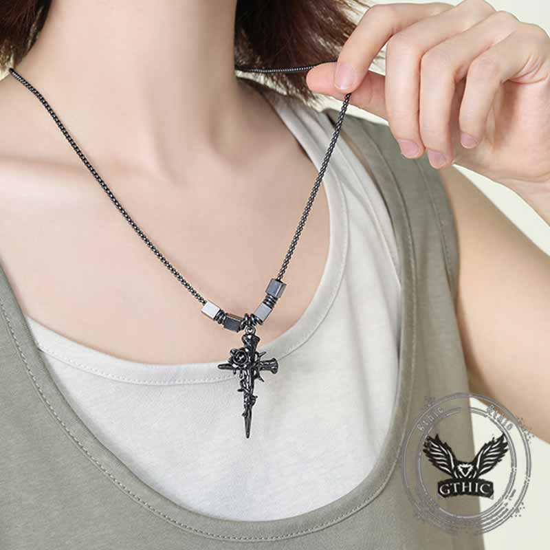 Vintage Nail Cross Thorn Rose Alloy Necklace