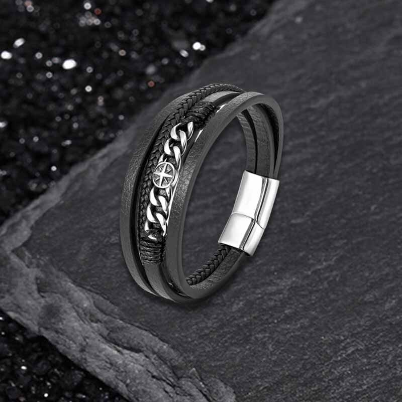 Vintage Octagonal Star Stainless Steel Leather Bracelet