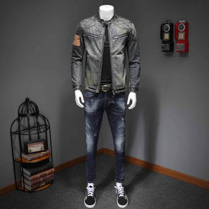 Vintage Patchwork Stand Collar Denim Jacket