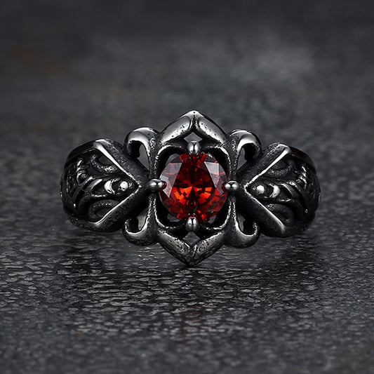 Vintage Patterned Openwork Gem Ring in Stainless Steel