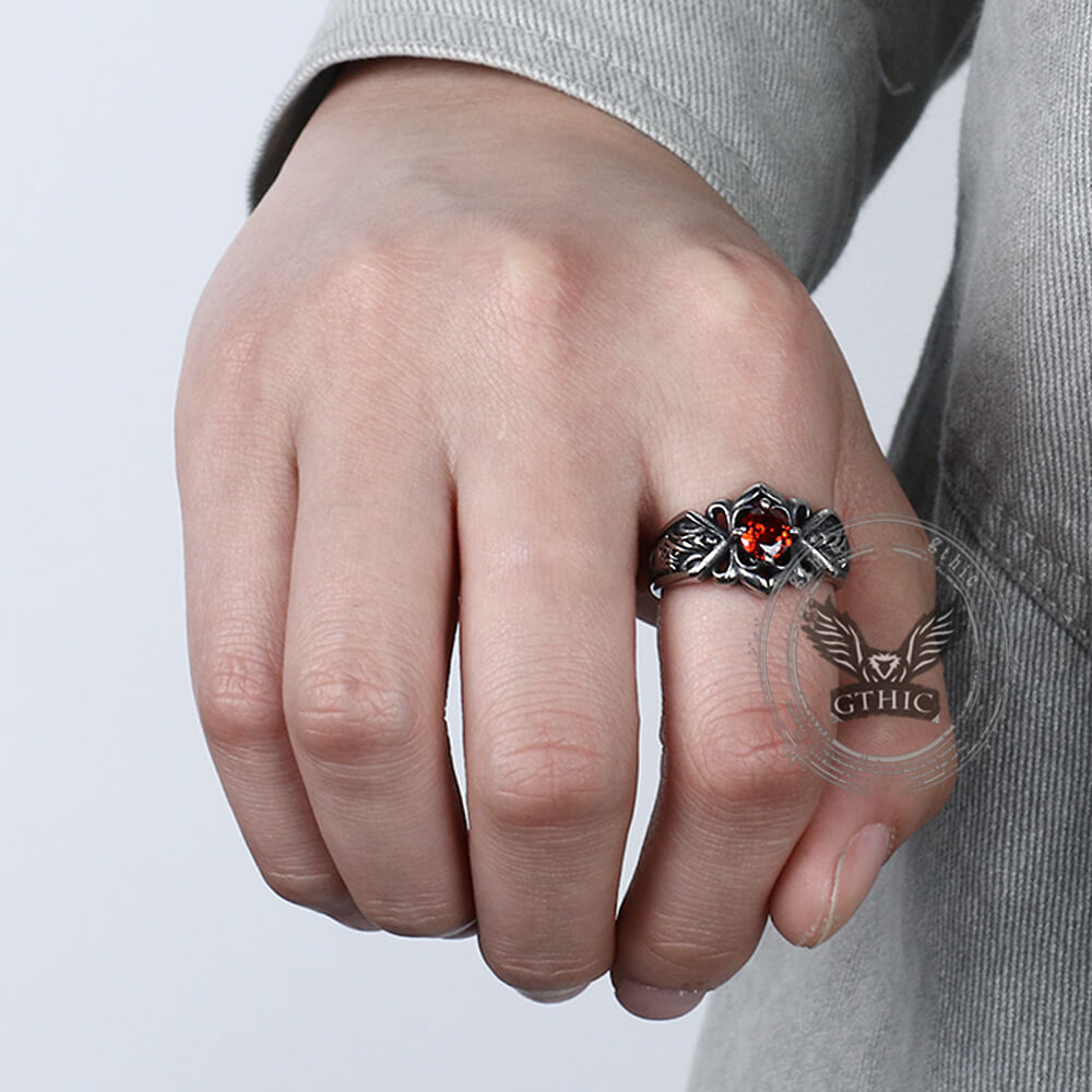 Vintage Patterned Openwork Gem Ring in Stainless Steel