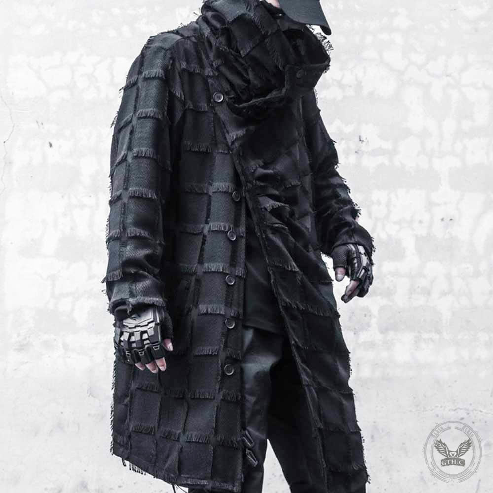Vintage Plaid Irregular High Collar Hooded Windbreaker