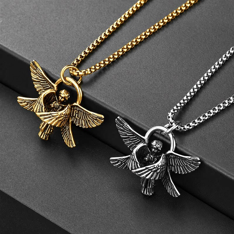 Vintage Praying Angel Wings Pendant in Stainless Steel