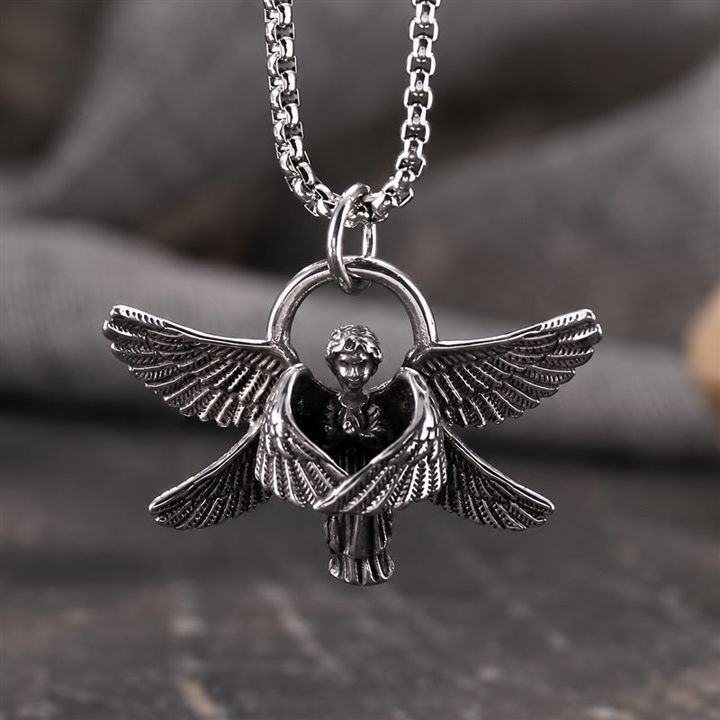Vintage Praying Angel Wings Pendant in Stainless Steel