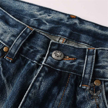 Vintage Printed Bootcut Biker Cotton Jeans