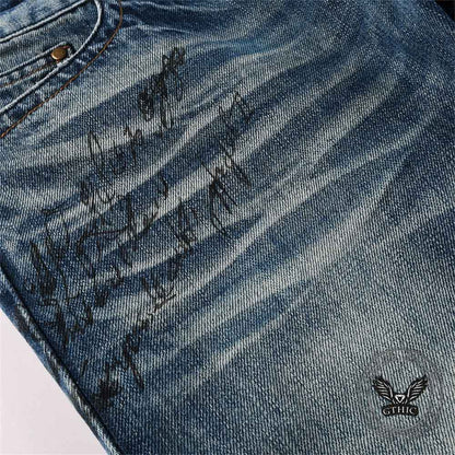 Vintage Printed Bootcut Biker Cotton Jeans