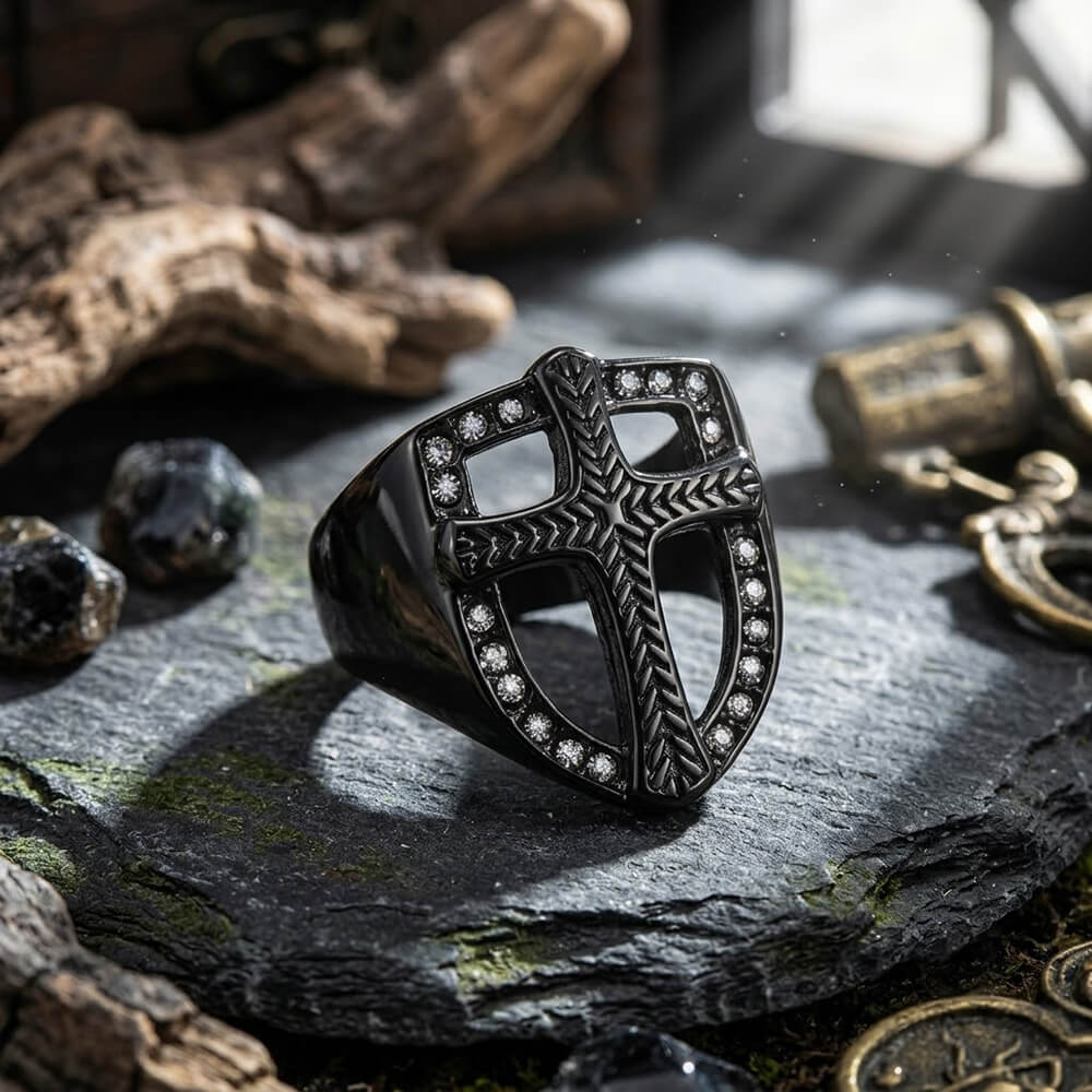 Vintage Shield Cross Diamond Ring in Stainless Steel