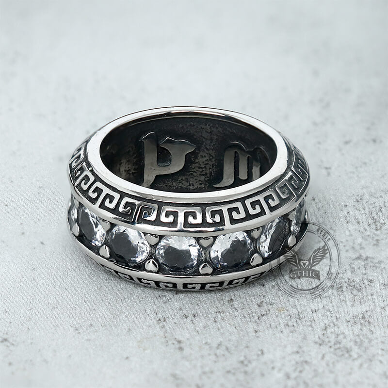 Vintage Six-Word Mantra Zircon Ring in Stainless Steel