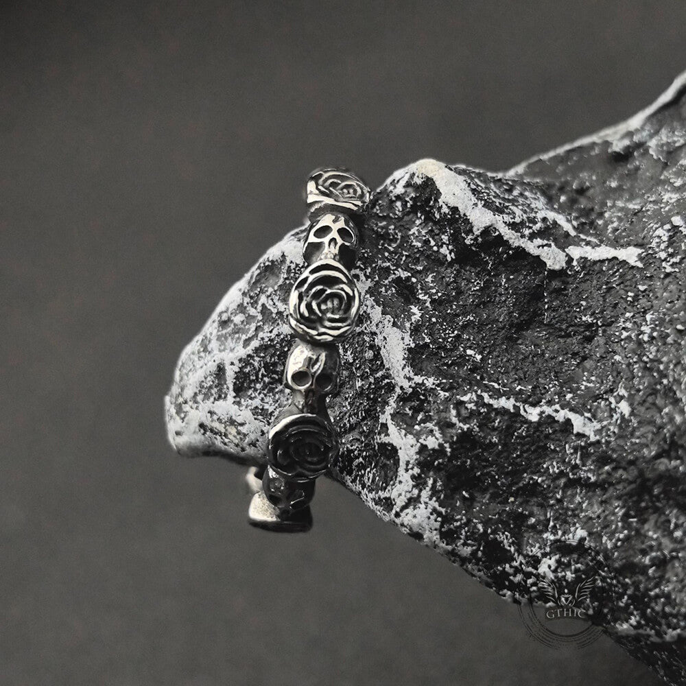 Vintage Skull And Rose Stainless Steel Stackable Ring Set