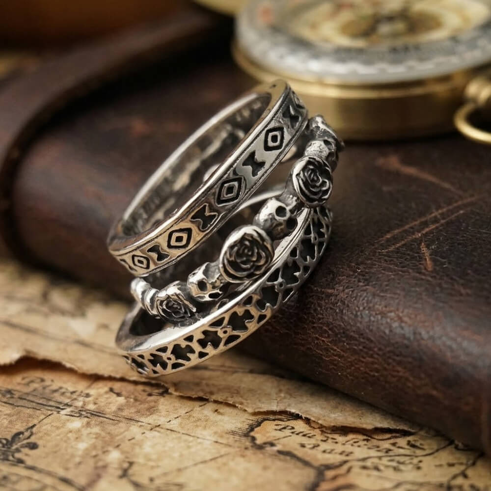 Vintage Skull And Rose Stainless Steel Stackable Ring Set