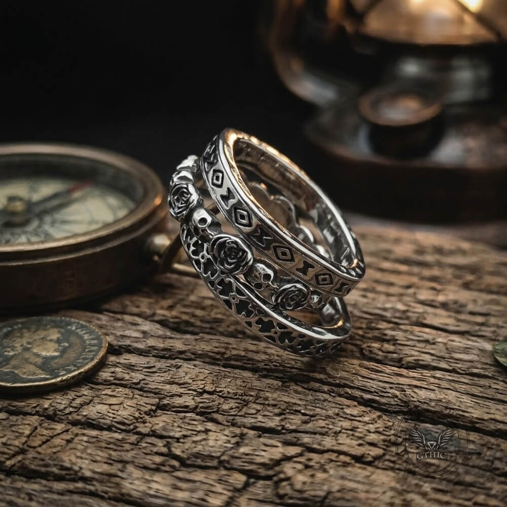 Vintage Skull And Rose Stainless Steel Stackable Ring Set