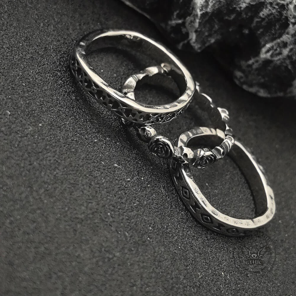 Vintage Skull And Rose Stainless Steel Stackable Ring Set