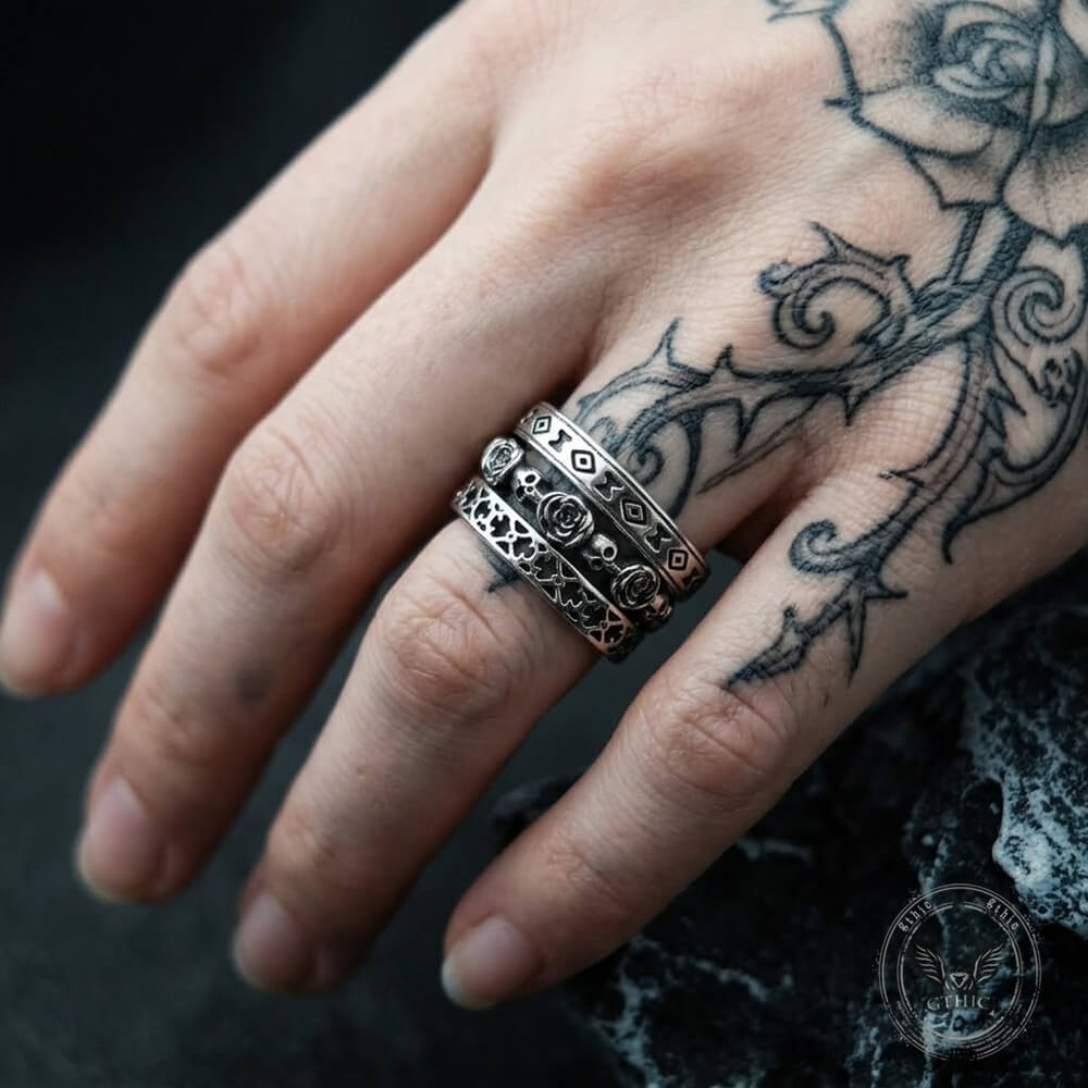Vintage Skull And Rose Stainless Steel Stackable Ring Set