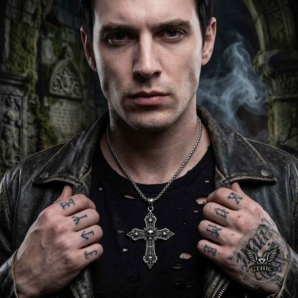 Vintage Skull Baroque Cross Pendant in Stainless Steel