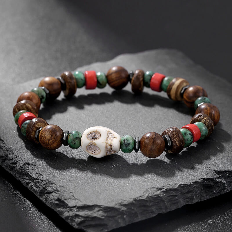 Vintage Skull Beaded Turquoise Wood Bead Bracelet