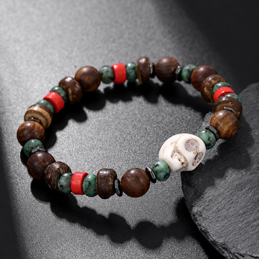 Vintage Skull Beaded Turquoise Wood Bead Bracelet