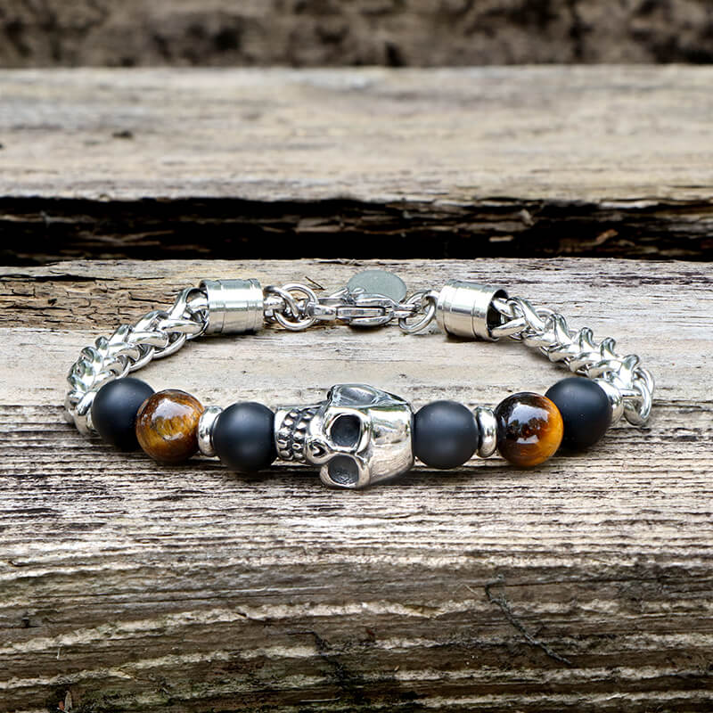 Vintage Skull Tiger Eye Bracelet in Stainless Steel