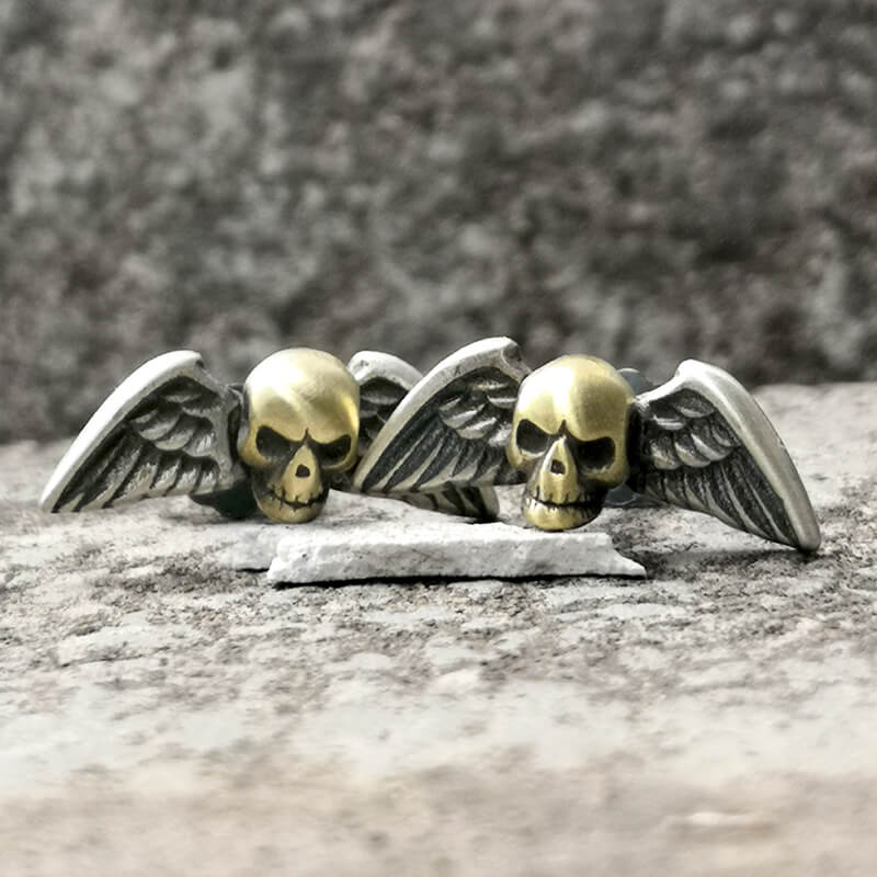 Vintage Skull Wings Stud Earrings in Sterling Silver