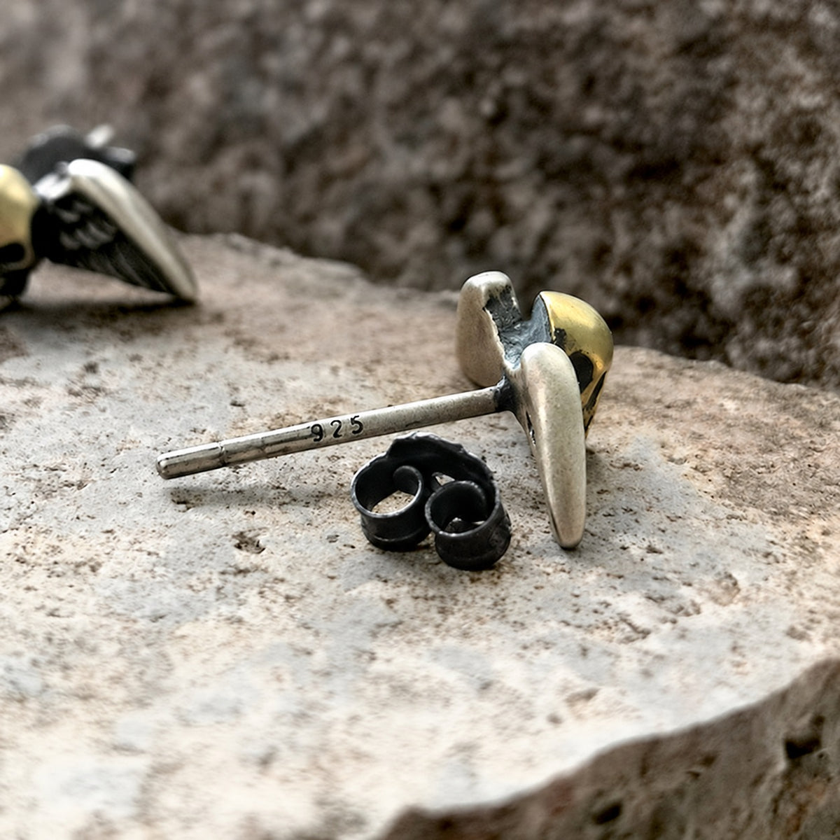 Vintage Skull Wings Stud Earrings in Sterling Silver