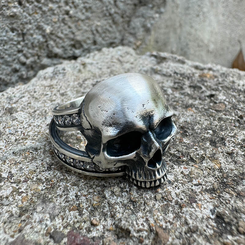 Vintage Skull Zircon-Set Knot Band Sterling Silver Ring