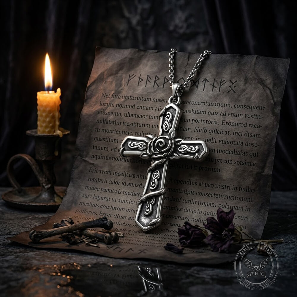 Vintage Snake Rose Cross Pendant in Stainless Steel