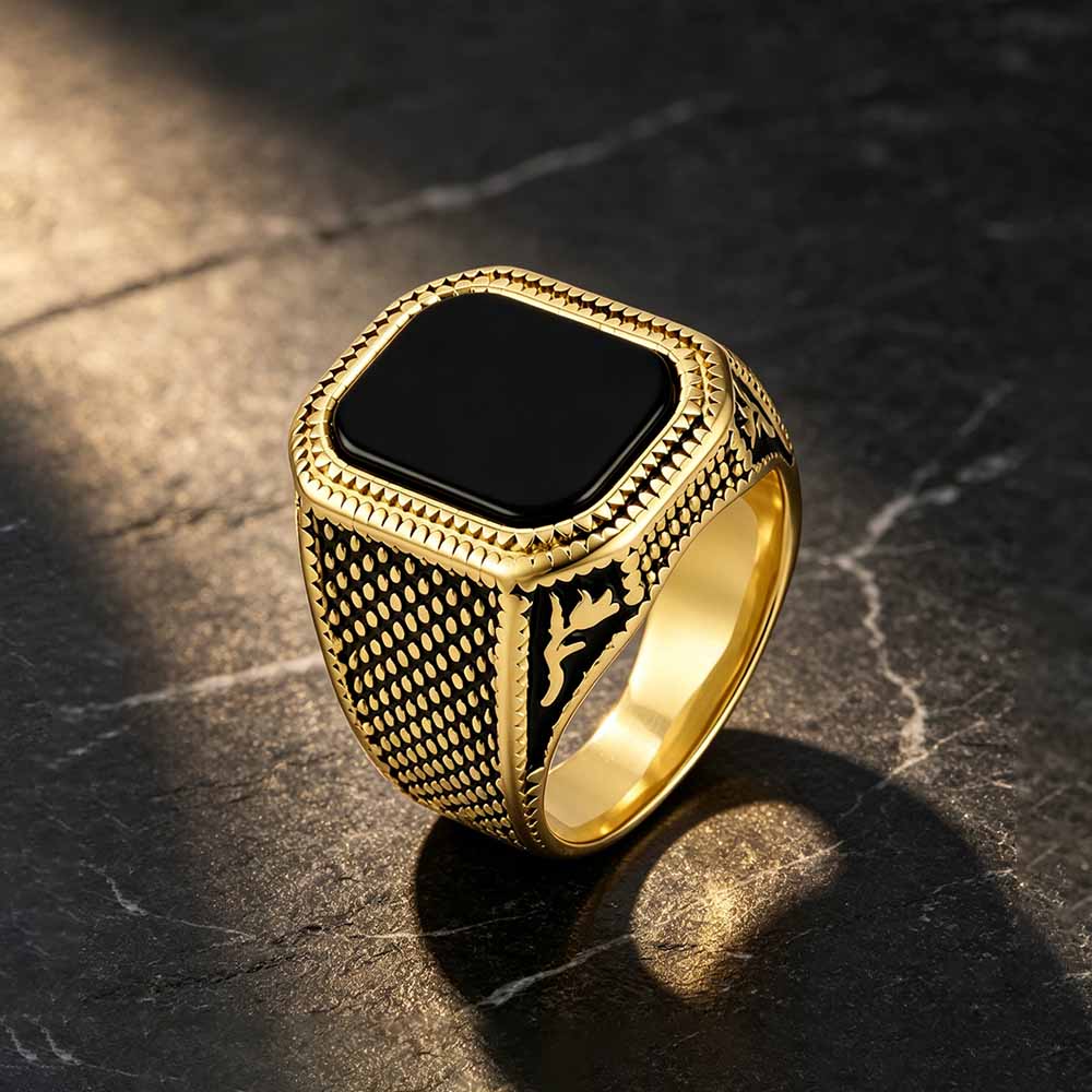 Vintage Square Black Gem Speckled Ring in Stainless Steel