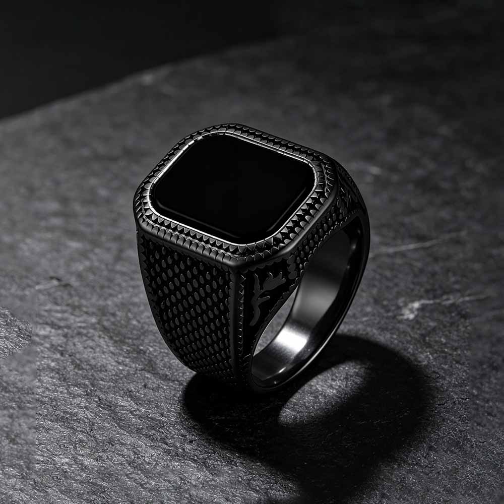 Vintage Square Black Gem Speckled Ring in Stainless Steel