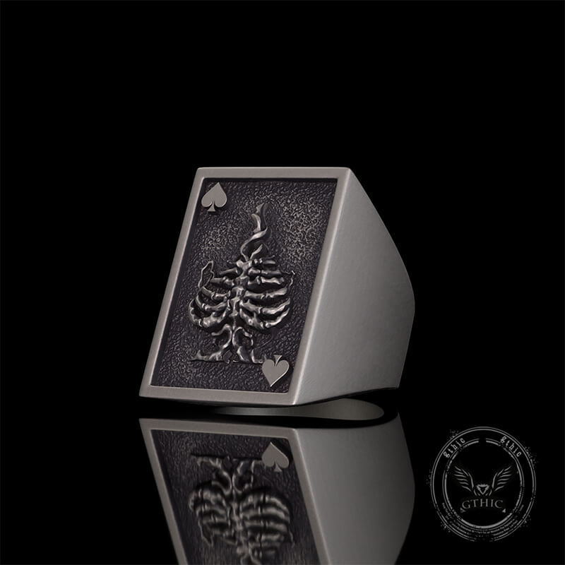 Vintage Square Skull Playing Card Sterling Silver Ring