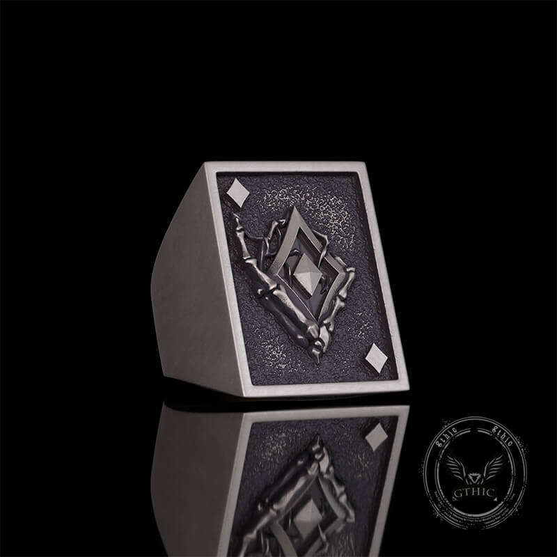 Vintage Square Skull Playing Card Sterling Silver Ring