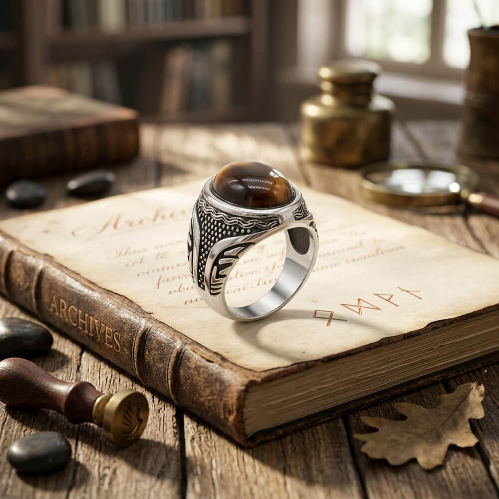Vintage Textured Gemstone Ring in Stainless Steel