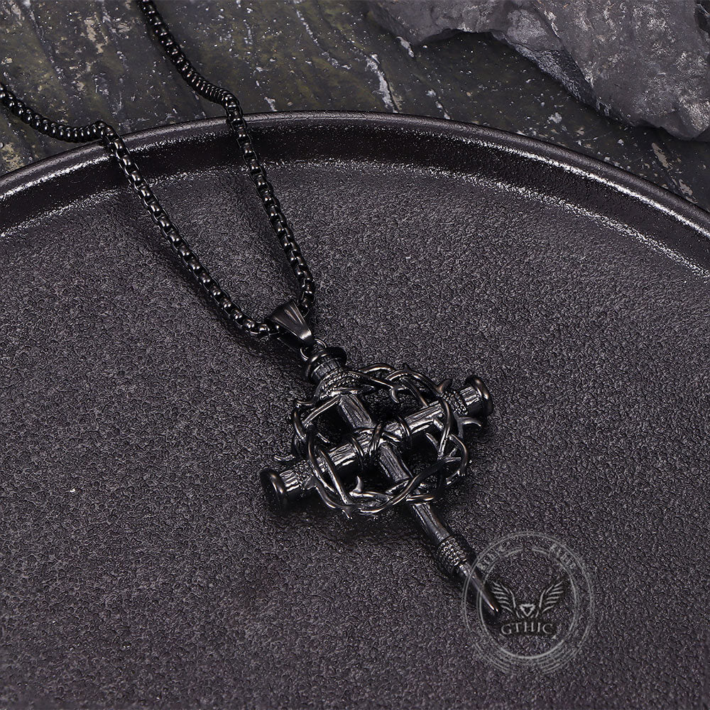 Vintage Thorn Wreath Cross Pendant in Stainless Steel