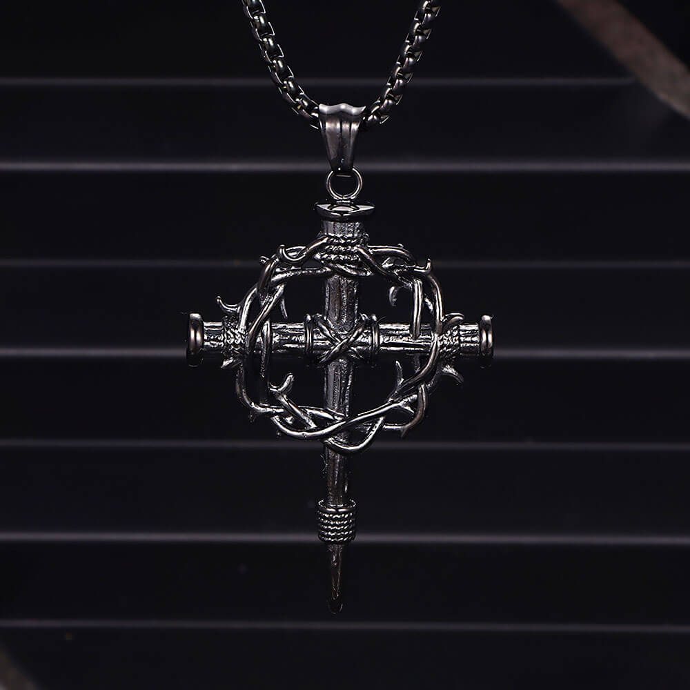 Vintage Thorn Wreath Cross Pendant in Stainless Steel