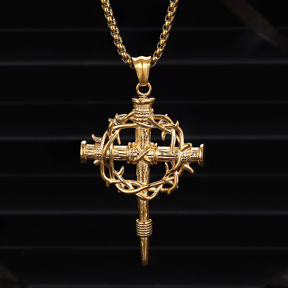Vintage Thorn Wreath Cross Pendant in Stainless Steel