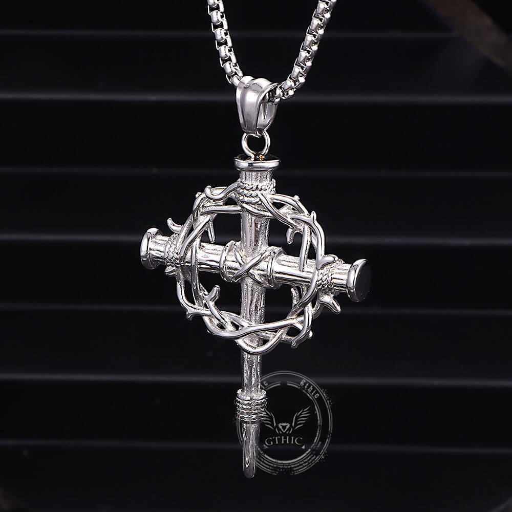 Vintage Thorn Wreath Cross Pendant in Stainless Steel