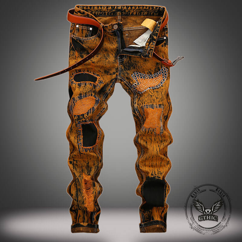 Vintage Tie-Dye Distressed Biker Straight Jeans