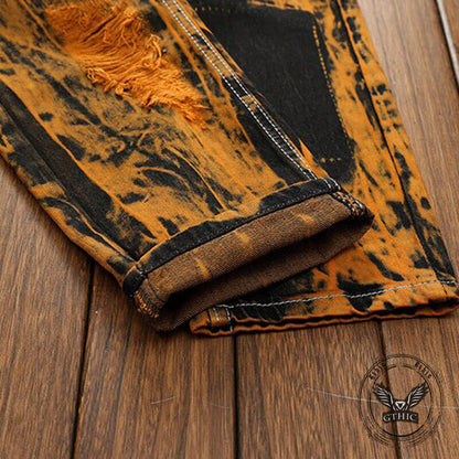 Vintage Tie-Dye Distressed Biker Straight Jeans