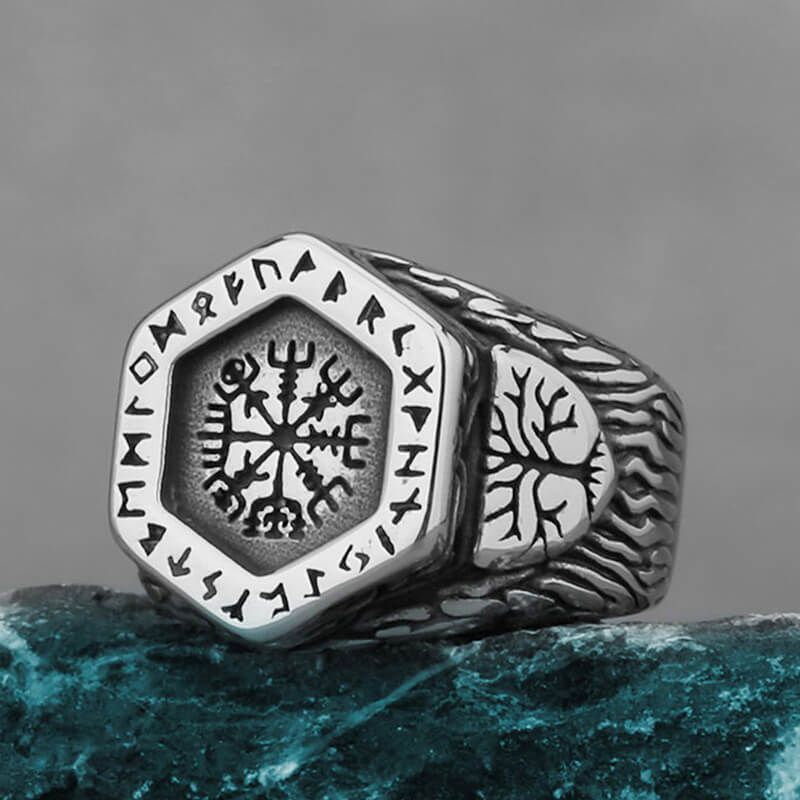 Vintage Tree of Life Vegvisir Rune Viking Ring in Stainless Steel