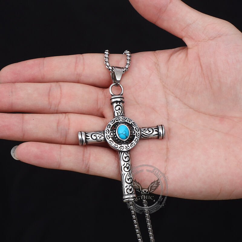 Vintage Turquoise Cross Pendant in Stainless Steel