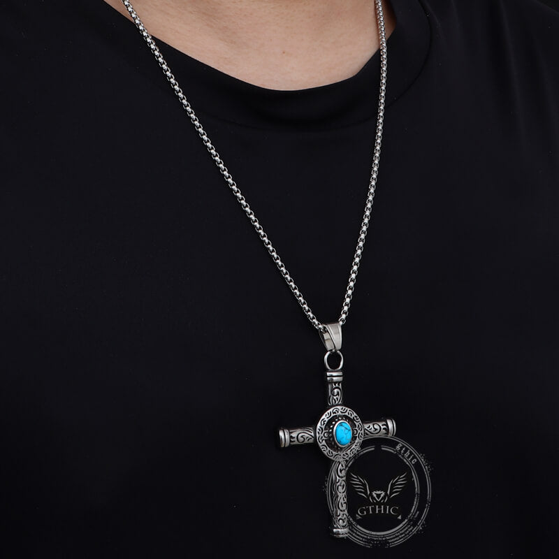 Vintage Turquoise Cross Pendant in Stainless Steel