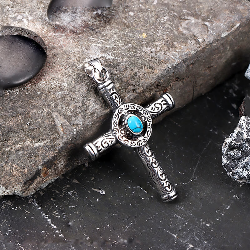 Vintage Turquoise Cross Pendant in Stainless Steel