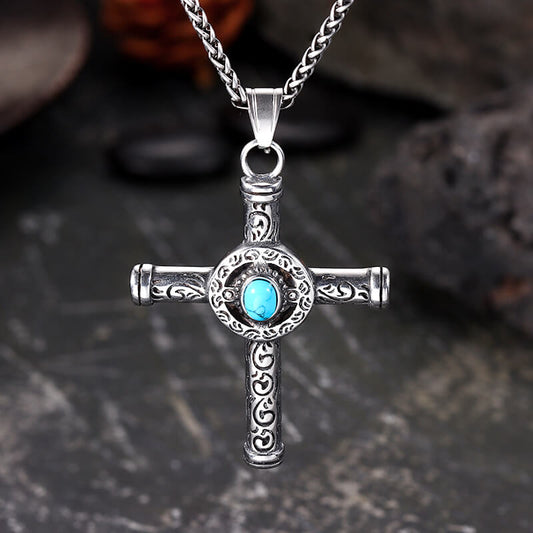 Vintage Turquoise Cross Pendant in Stainless Steel