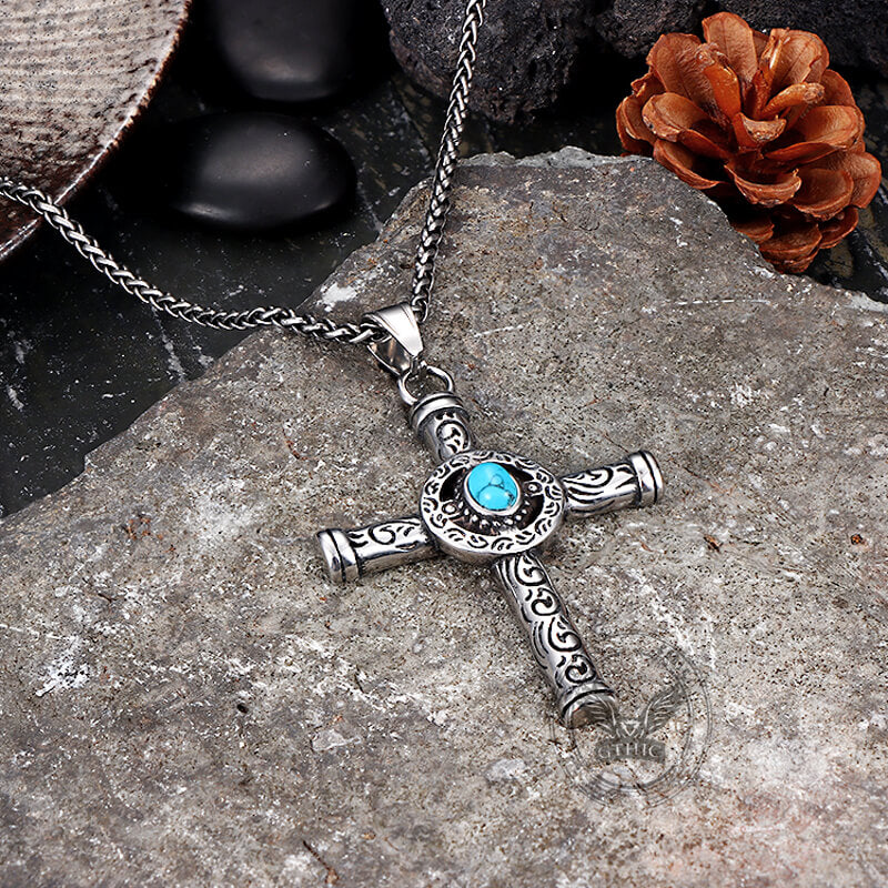 Vintage Turquoise Cross Pendant in Stainless Steel