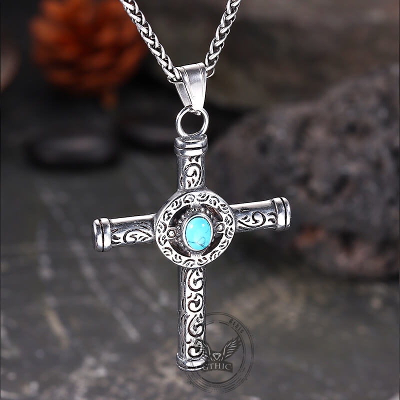 Vintage Turquoise Cross Pendant in Stainless Steel