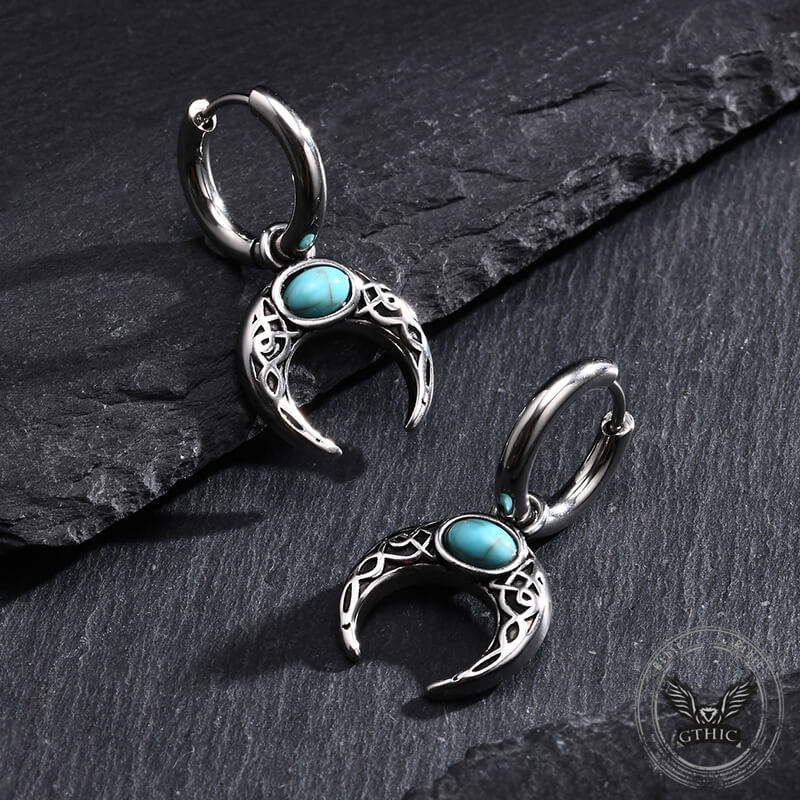 Vintage Turquoise Moon Hoop Earrings in Stainless Steel