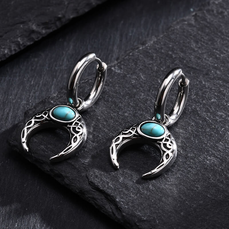 Vintage Turquoise Moon Hoop Earrings in Stainless Steel
