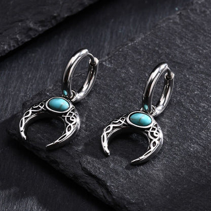 Vintage Turquoise Moon Hoop Earrings in Stainless Steel